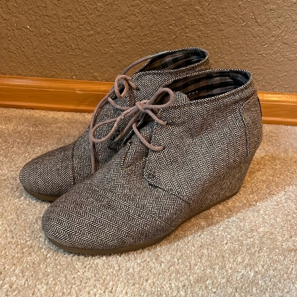 TOMS Brown Herringbone Wedge Bootie
